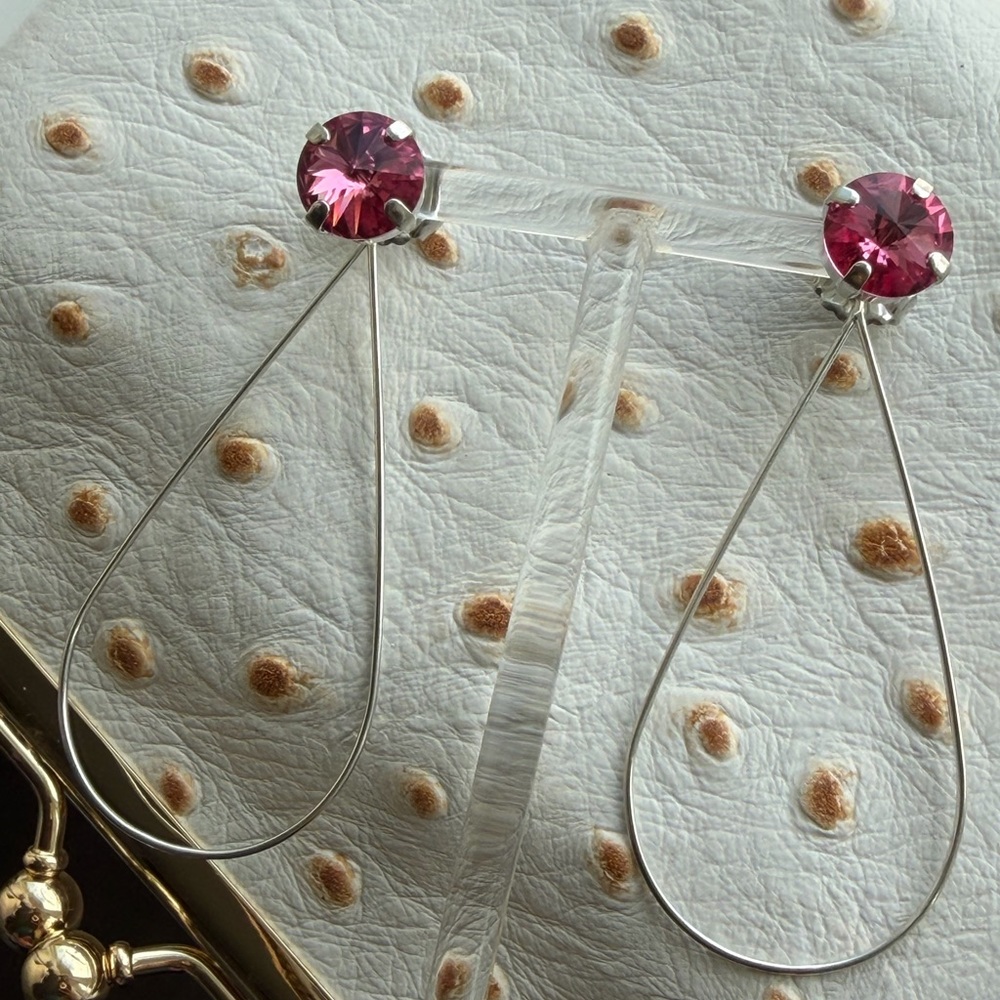 SABIKA | Pink Crystal and Silver Tone Hoop Drop Earrings